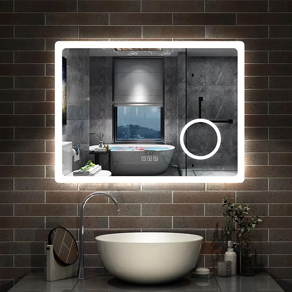 AICA Sanitaire Miroir salle de bain bluetooth + loupe + horloge + tricolore + anti-buée 80x60cm dimmable,mémoire,tactile,led,
