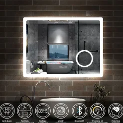 AICA Sanitaire Miroir salle de bain bluetooth + loupe + horloge + tricolore + anti-buée 80x60cm dimmable,mémoire,tactile,led,