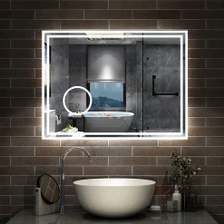 Miroir Lumineux|AICA Sanitaire Miroir salle de bain Bluetooth 80x60cm tricolore avec loupe 3x, dimmable, mémoire et anti-buée, IP44 Miroir LED,