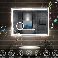 Miroir Lumineux|AICA Sanitaire Miroir salle de bain Bluetooth 80x60cm tricolore avec loupe 3x, dimmable, mémoire et anti-buée, IP44 Miroir LED,