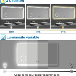 Miroir Lumineux|AICA Sanitaire Miroir salle de bain Bluetooth 80x60cm tricolore avec loupe 3x, dimmable, mémoire et anti-buée, IP44 Miroir LED,