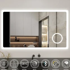 AICA Sanitaire Miroir salle de bain bluetooth + loupe + horloge + tricolore + anti-buée 80x60cm dimmable,mémoire,tactile,led,