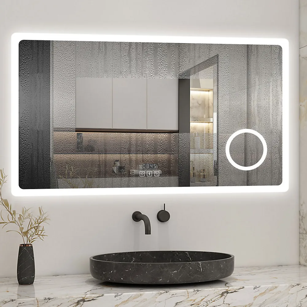 AICA Sanitaire Miroir salle de bain bluetooth + loupe + horloge + tricolore + anti-buée 80x60cm dimmable,mémoire,tactile,led,