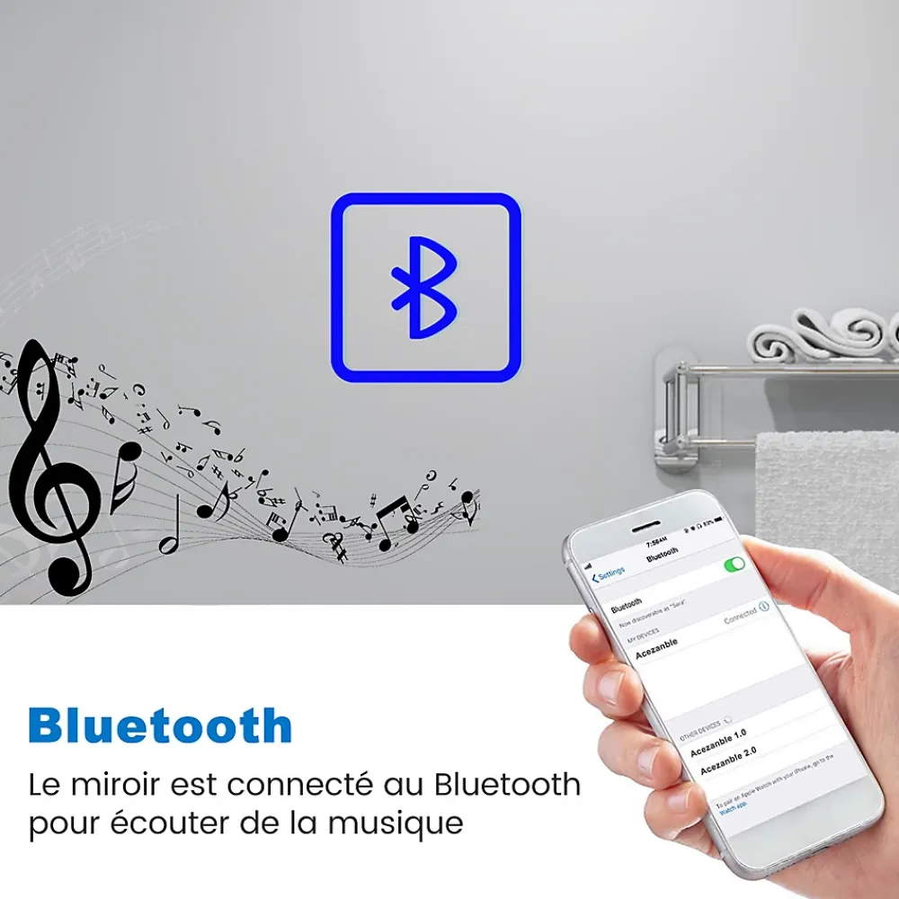 AICA Sanitaire Miroir salle de bain bluetooth + loupe + horloge + tricolore + anti-buée 80x60cm dimmable,mémoire,tactile,led,