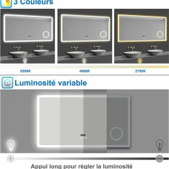 AICA Sanitaire Miroir salle de bain bluetooth + loupe + horloge + tricolore + anti-buée 80x60cm dimmable,mémoire,tactile,led,