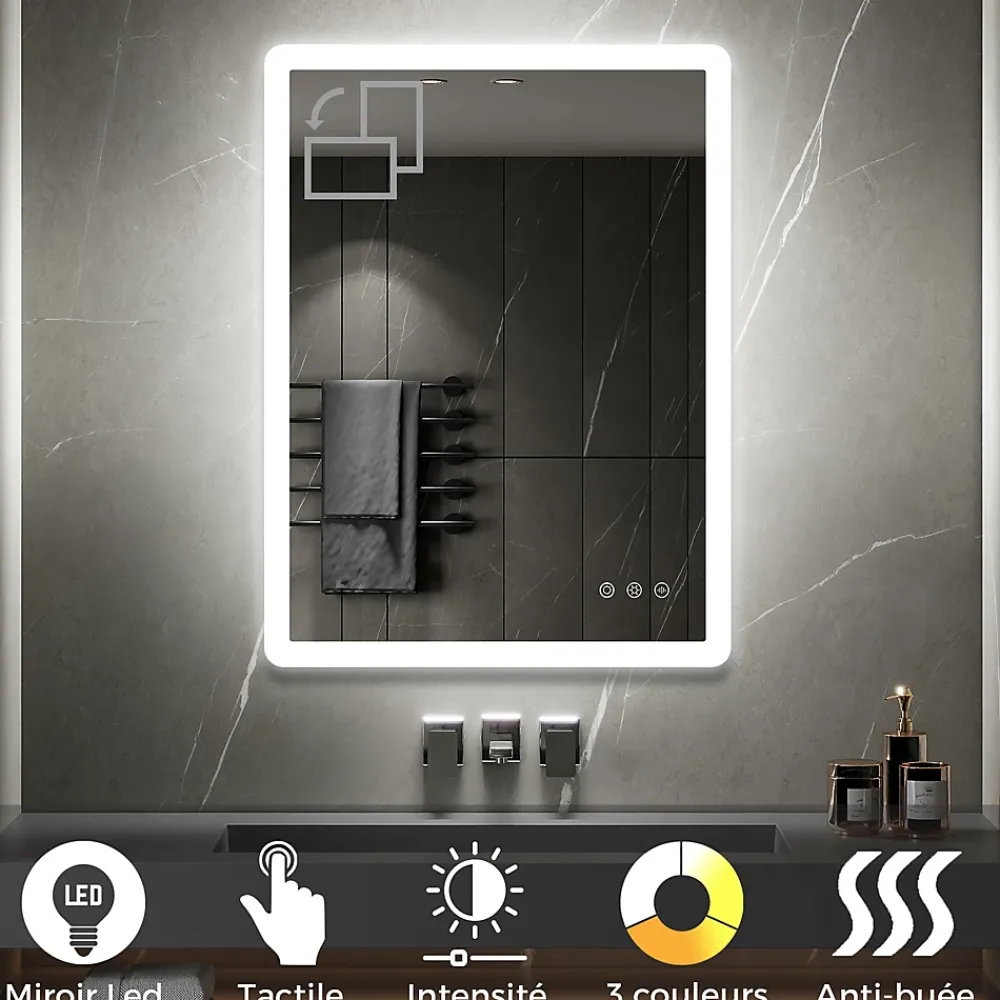 Saniverre Miroir salle de bain BOLEO 60 x 80 cm LED lumineux 2100 lms anti-buée + réglage intensité & couleur -