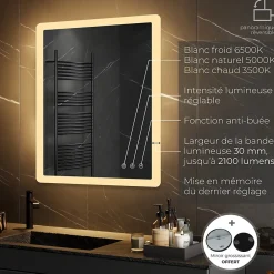 Saniverre Miroir salle de bain BOLEO 60 x 80 cm LED lumineux 2100 lms anti-buée + réglage intensité & couleur -