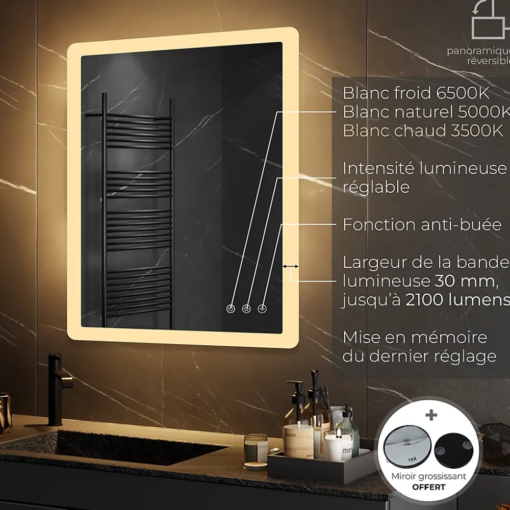 Saniverre Miroir salle de bain BOLEO 60 x 80 cm LED lumineux 2100 lms anti-buée + réglage intensité & couleur -