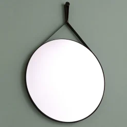 Kiamami Valentina Miroir Salle De Bain Design Avec Cadre En Cuir Noir Diamètre 60 Cm