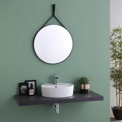 Kiamami Valentina Miroir Salle De Bain Design Avec Cadre En Cuir Noir Diamètre 60 Cm