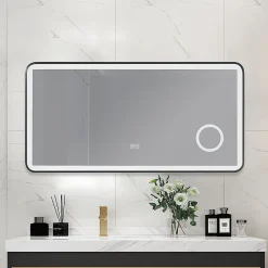 Luxury Bain Miroir salle de bain LED 110x60cm anti buée avec cadre en aluminium noir et loupe x3 LB-4685B