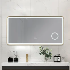 Luxury Bain Miroir salle de bain LED 90x60cm anti buée avec cadre en aluminium doré et loupe x3 LB-4685G