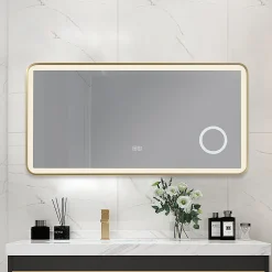 Luxury Bain Miroir salle de bain LED 90x60cm anti buée avec cadre en aluminium doré et loupe x3 LB-4685G