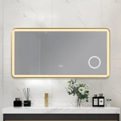 Luxury Bain Miroir salle de bain LED 90x60cm anti buée avec cadre en aluminium doré et loupe x3 LB-4685G