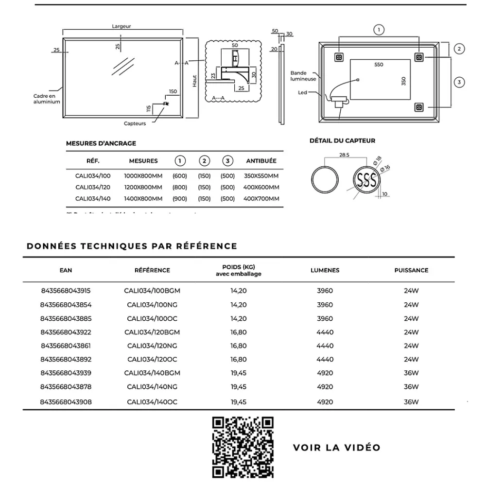 Ledimex Miroir Salle de Bain LED Réglable 120x80cm - Or Brossé - Commandes Tactiles & Anti-Buée - CALIFORNIA