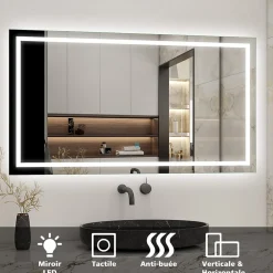 AICA Sanitaire Miroir salle de bain led anti-buée, avec éclairage LED 100 x 70cm réversible, IP44 commande par effleurement,