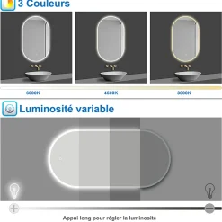 Miroir Lumineux|AICA Sanitaire Miroir salle de bain LED 60x80cm tricolore + anti-buée + dimmable + mémoire,