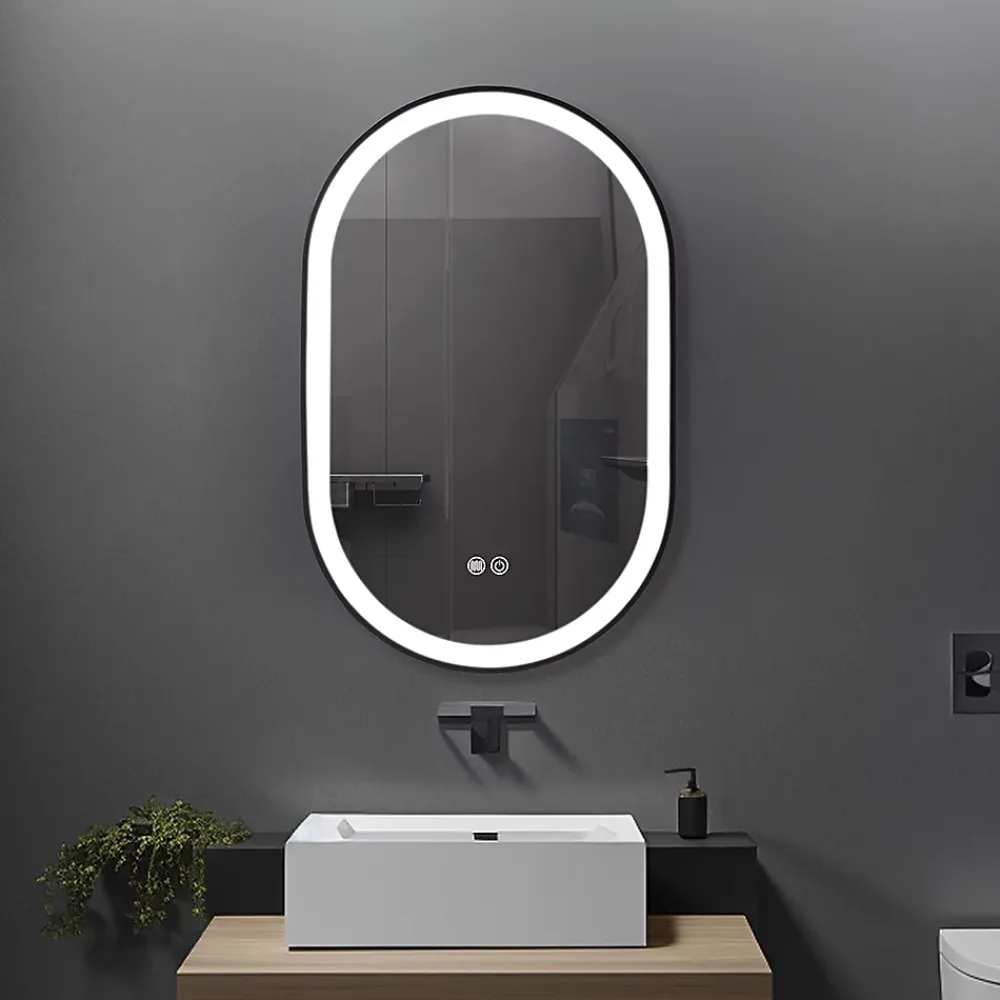 Miroir Lumineux|Luxury Bain Miroir salle de bain LED ovale 50x80cm anti buée avec cadre en aluminium noir- LuxuryBain