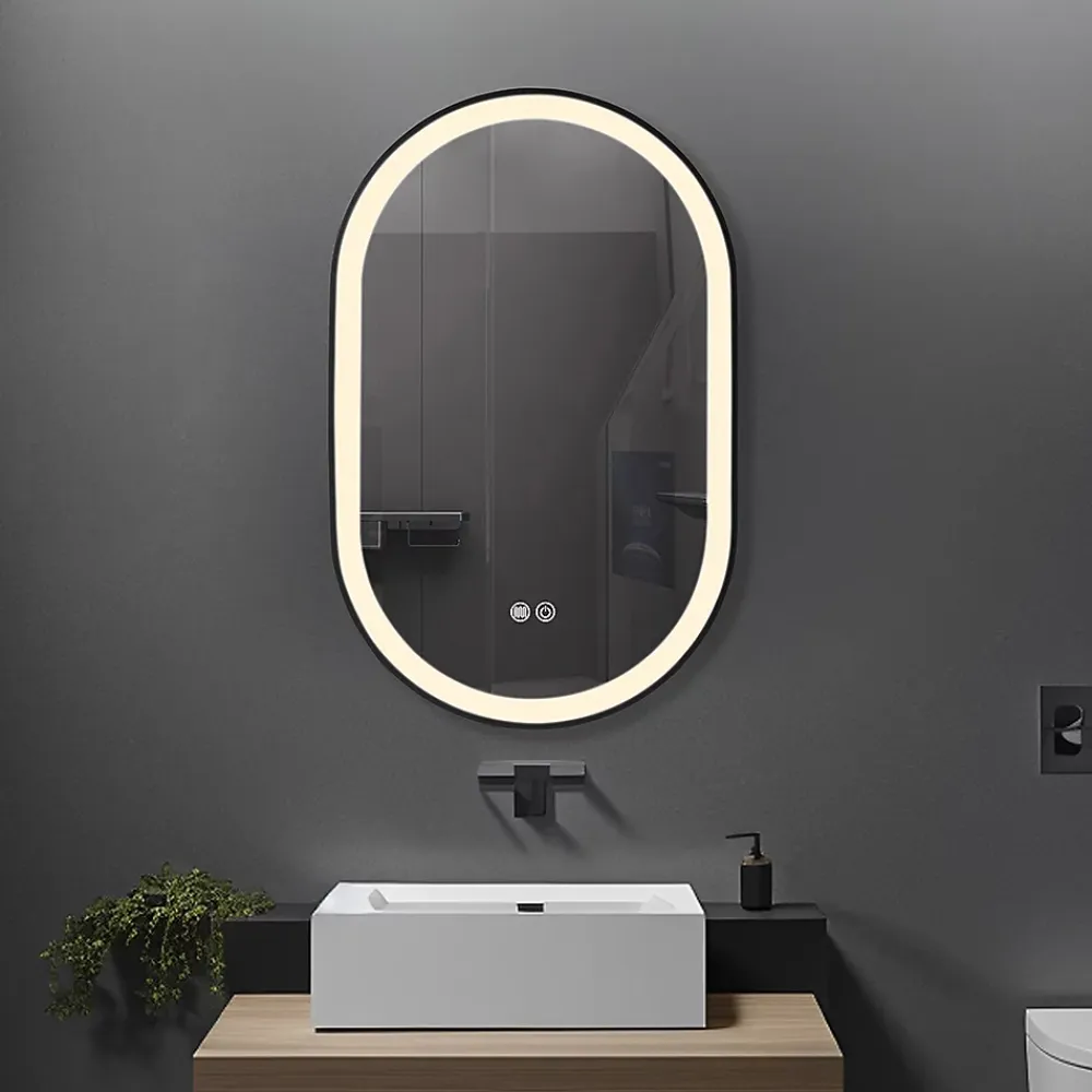 Miroir Lumineux|Luxury Bain Miroir salle de bain LED ovale 50x80cm anti buée avec cadre en aluminium noir- LuxuryBain