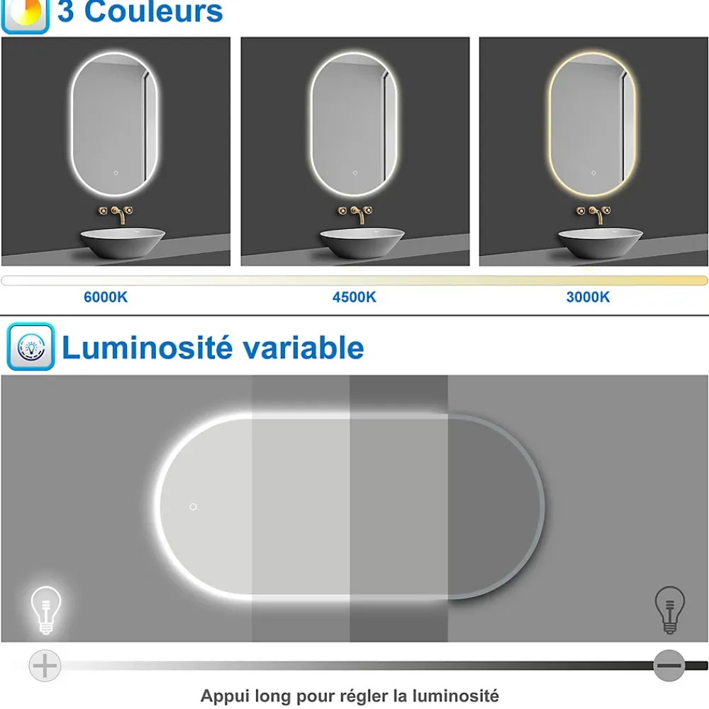 AICA Sanitaire Miroir salle de bain LED 45x90cm tricolore + anti-buée + dimmable + mémoire,