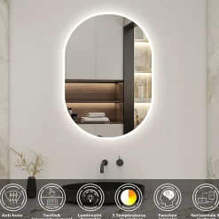 AICA Sanitaire Miroir salle de bain LED 45x90cm tricolore + anti-buée + dimmable + mémoire,