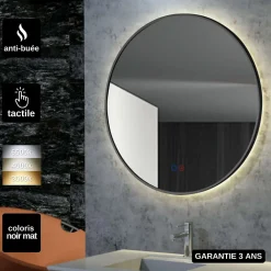 Ledimex Miroir Salle de Bain LED Rétro-éclairé Réglable D60cm - Noir Mat - Commandes Tactiles & Anti-Buée - FUN