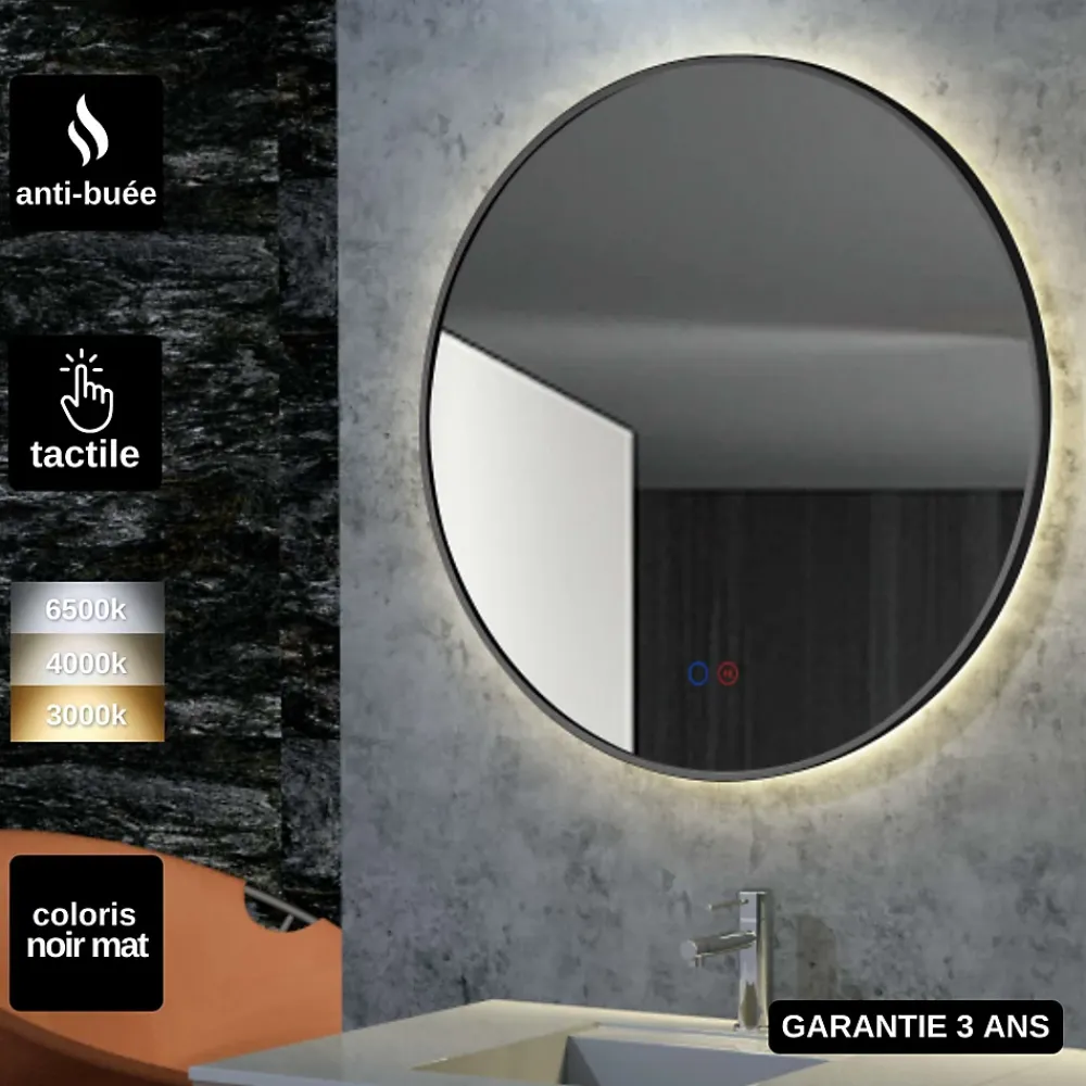 Ledimex Miroir Salle de Bain LED Rétro-éclairé Réglable D60cm - Noir Mat - Commandes Tactiles & Anti-Buée - FUN