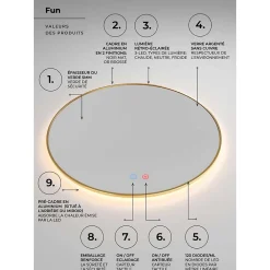 Ledimex Miroir Salle de Bain LED Rétro-éclairé Réglable D60cm - Noir Mat - Commandes Tactiles & Anti-Buée - FUN