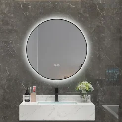 Miroir Lumineux|Luxury Bain Miroir salle de bain LED rond 80cm anti buée avec cadre noir LB-4647BA