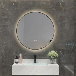 Miroir Lumineux|Luxury Bain Miroir salle de bain LED rond 80cm anti buée avec cadre noir LB-4647BA