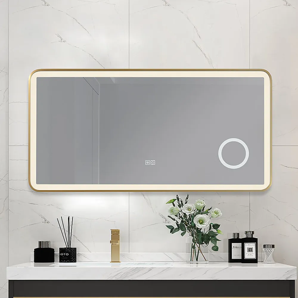 Miroir Lumineux|Luxury Bain Miroir salle de bain LED 110x60cm anti buée avec cadre en aluminium doré et loupe x3 LB-4685G