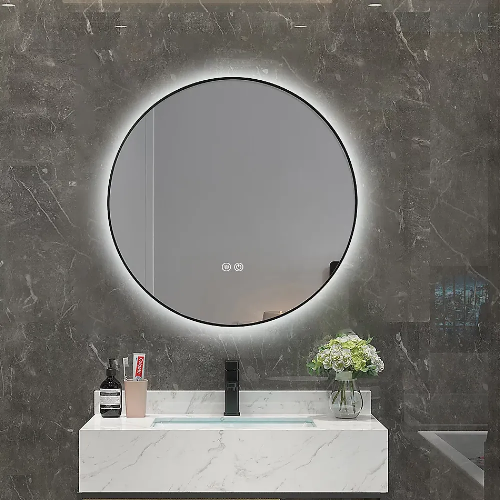 Miroir Lumineux|Luxury Bain Miroir salle de bain LED rond 90cm anti buée avec cadre noir LB-4647BA