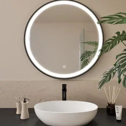 Miroir Lumineux|Lomazoo Miroir salle de bain Florence avec LED 80 cm noir rond