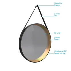 Aurlane Miroir salle de bain rond - diamètre 55cm - noir mat et finition bronze - CIRCLE HORUS