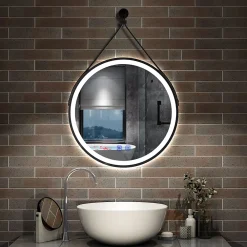 AICA Sanitaire Miroir salle de bain rond LED 50cm tricolore + anti-buée + dimmable + mémoire,avec ceinture en cuir amovible,noir,