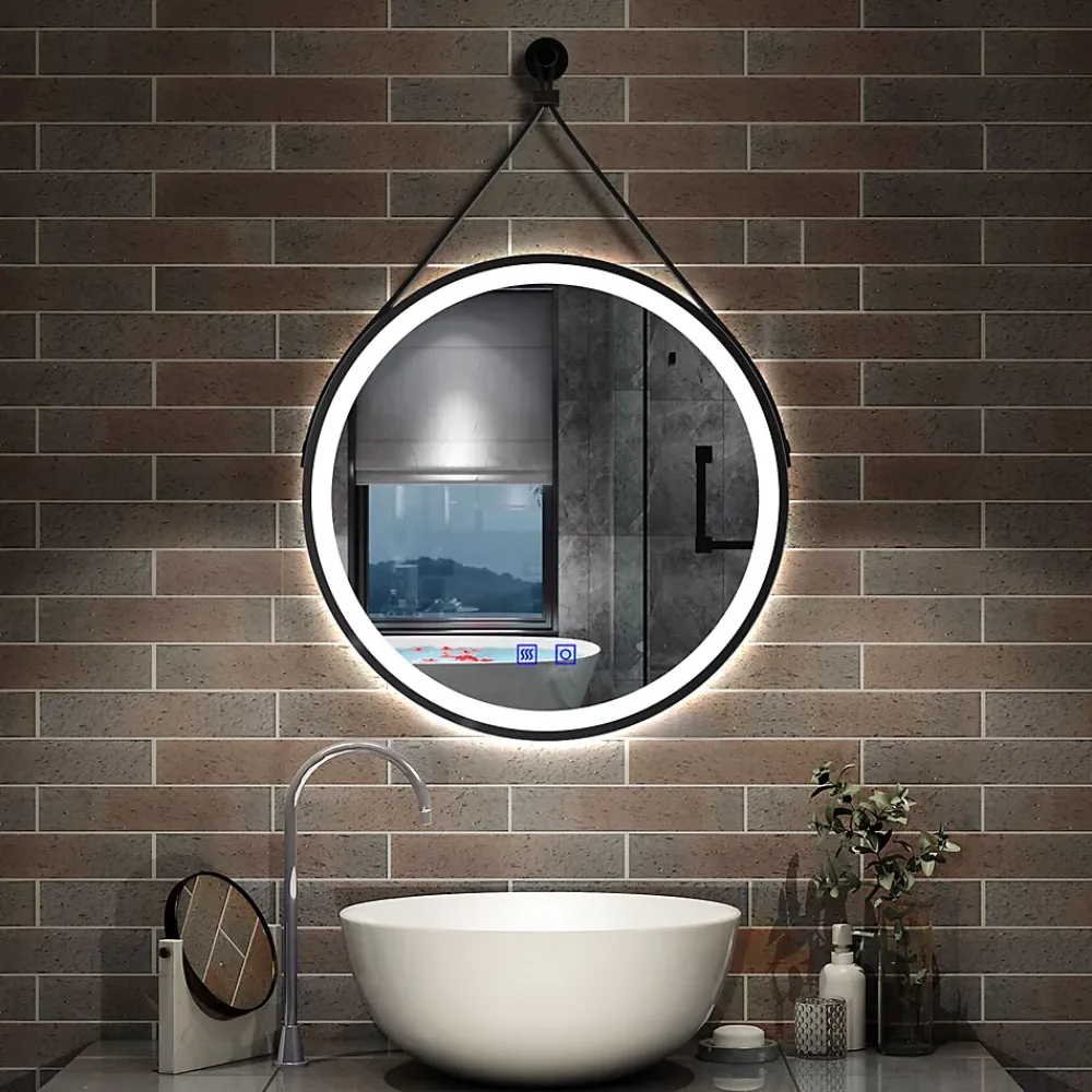 AICA Sanitaire Miroir salle de bain rond LED 50cm tricolore + anti-buée + dimmable + mémoire,avec ceinture en cuir amovible,noir,
