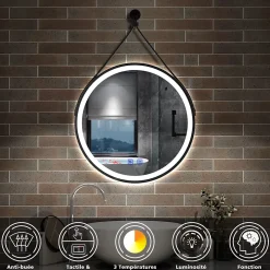 AICA Sanitaire Miroir salle de bain rond LED 50cm tricolore + anti-buée + dimmable + mémoire,avec ceinture en cuir amovible,noir,