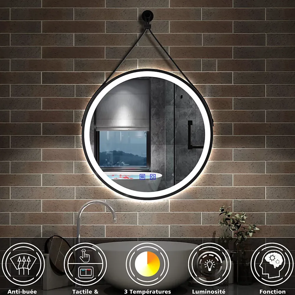 AICA Sanitaire Miroir salle de bain rond LED 50cm tricolore + anti-buée + dimmable + mémoire,avec ceinture en cuir amovible,noir,