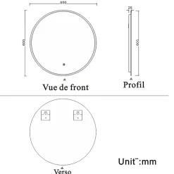 AICA Sanitaire Miroir salle de bain rond LED 60cm, IP44,