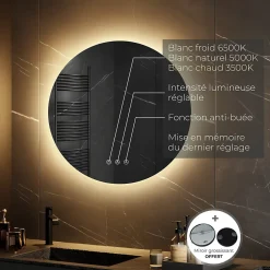 Miroir Lumineux|Saniverre Miroir salle de bain VEKIO LED lumineux rond 80 cm diam. fonction anti-buée + intensité & couleur réglables -