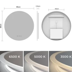 Miroir Lumineux|Saniverre Miroir salle de bain VEKIO LED lumineux rond 80 cm diam. fonction anti-buée + intensité & couleur réglables -