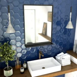 Miroir Simple|Aurlane Miroir salle de bain 80x60cm - laqué noir mat avec étagères - FRAMED MIRROR