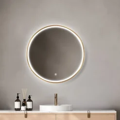 MPGlass Miroir salle de bains éclairant à LED cadre doré rond Ø60 cm, anti-buée, Céleste