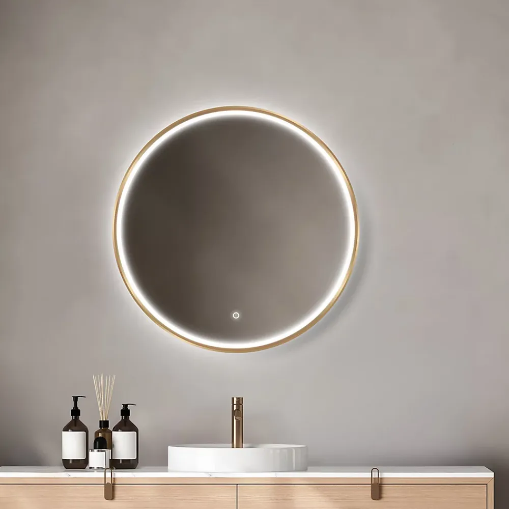 MPGlass Miroir salle de bains éclairant à LED cadre doré rond Ø60 cm, anti-buée, Céleste