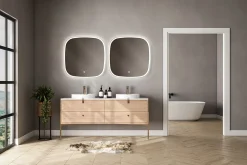 MPGlass Miroir salle de bains éclairant à LED cadre doré carré l.80 x H.80 x P.4 cm, anti-buée, Céleste