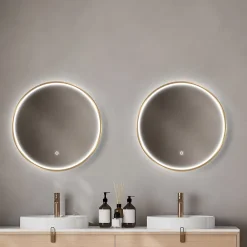 MPGlass Miroir salle de bains éclairant à LED cadre doré rond Ø80 cm, anti-buée, Céleste