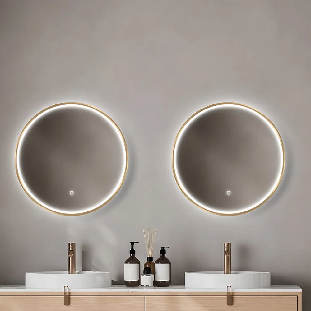MPGlass Miroir salle de bains éclairant à LED cadre doré rond Ø80 cm, anti-buée, Céleste