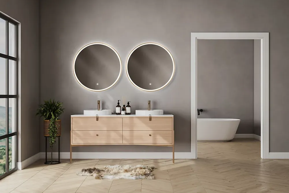 MPGlass Miroir salle de bains éclairant à LED cadre doré rond Ø80 cm, anti-buée, Céleste