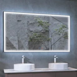 Miroir Lumineux|Ledimex Miroir Salle de Bains Lumineux SUIZA Anti-Buée et Eclairage Frontal Triled Tactile On/Off Noir Mat 70x80cm