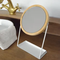Levasseur Miroir salle de bains, rond, à poser, en bambou et métal blanc Garden